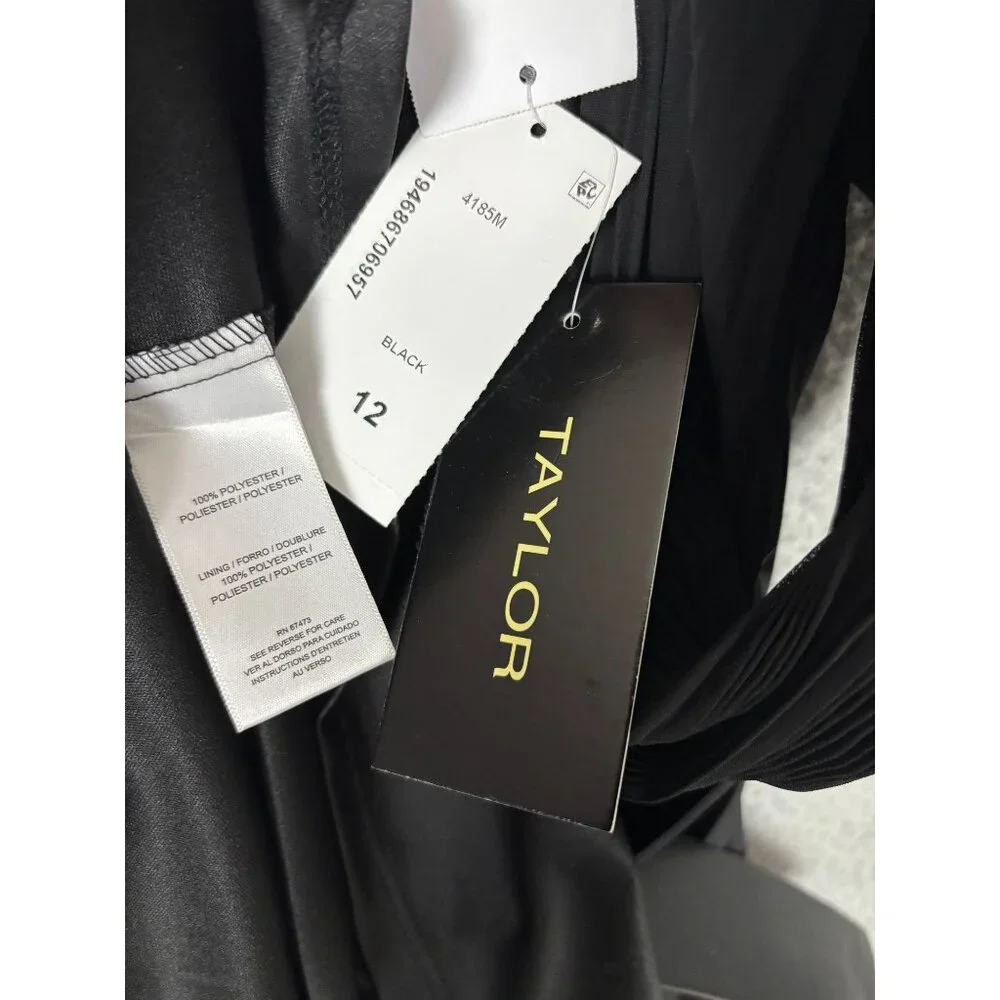 Taylor Women's Black Pleated Belted Fit & Flare Midi Chiffon Dress 12 NWT's. - Picture 6 of 8